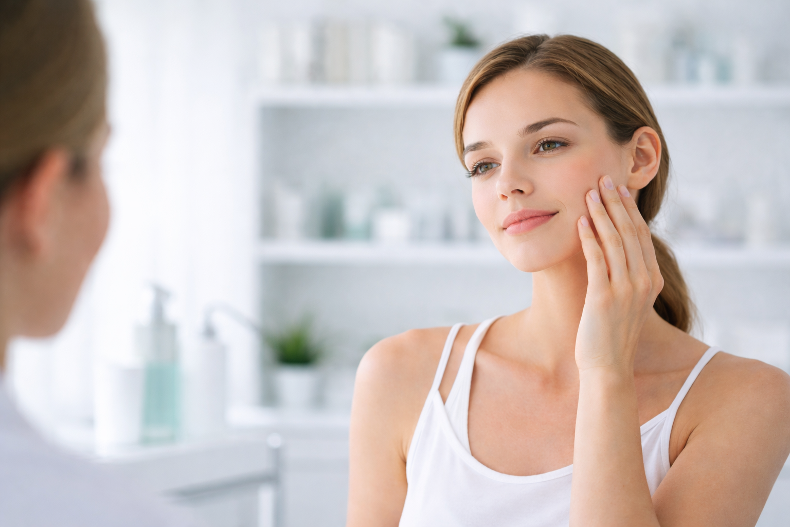 A serene image of a person gently touching their skin, symbolizing care and attention to skin concerns.